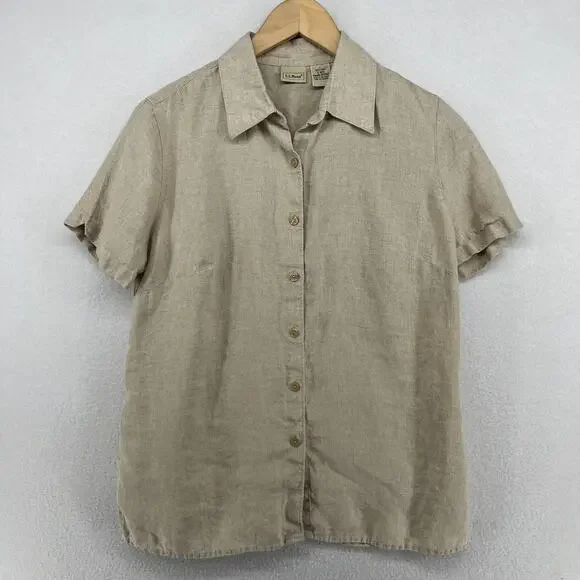 LL BEAN Shirt Womens S Washable Linen Button Up Short Sleeve Woven Beige - Picture 2 of 12